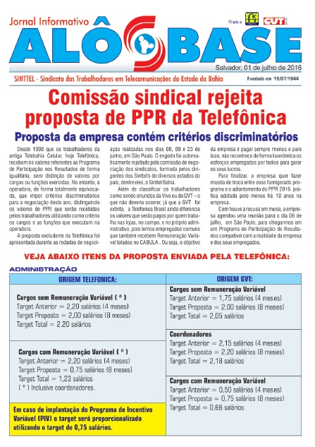 Comissão sindical rejeita proposta de PPR/2016 da Telefônica 